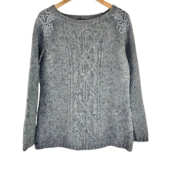 Talbots Grey Cableknit Pullover Sweater with Embroidered Shoulder Details - Picture 1 of 6